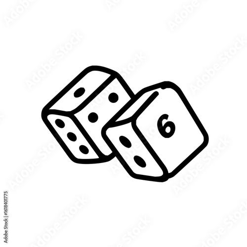 Illustration of two dice with one showing a six and the other showing a five in a simple black outline