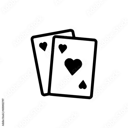 Two playing cards with heart and spade symbols in black and white illustration for game or gambling theme