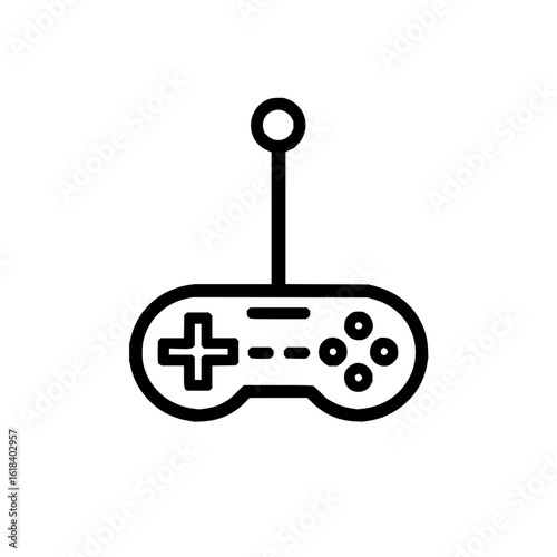 A simple outline of a black game controller with a joystick on a white background in a vector format