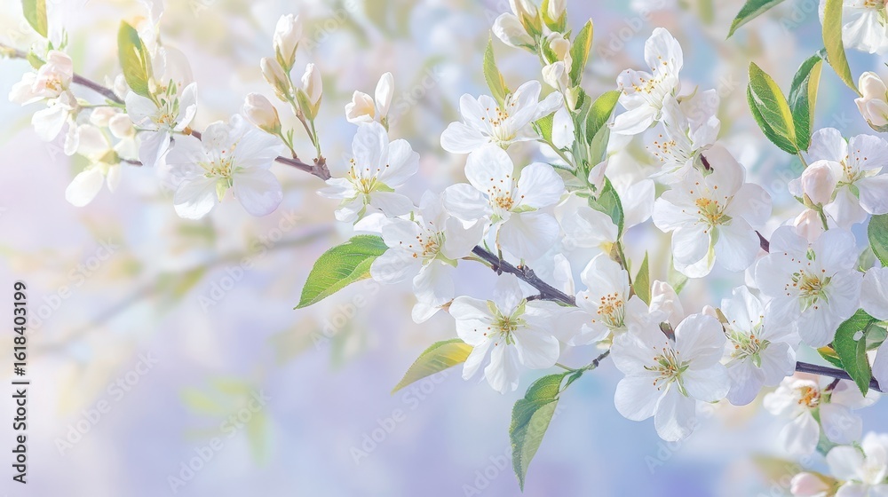 Obraz premium Blossoming in Soft Hues: A close-up capture of delicate white blossoms against a backdrop of pastel shades, evokes feelings of serenity and springtime's embrace.