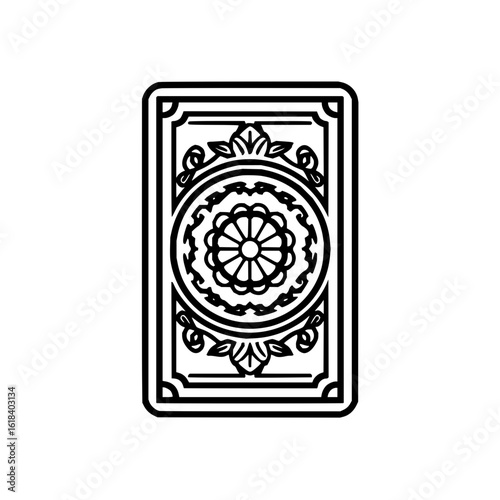 Illustration of a playing card back design with floral elements and geometric border in black outline