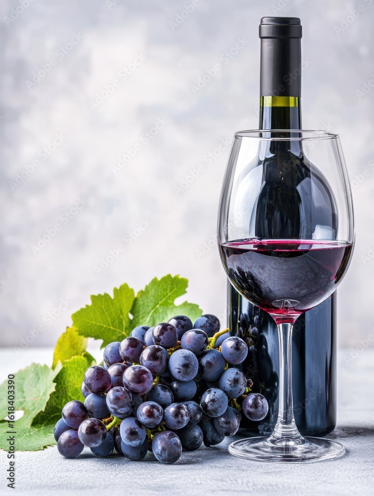 Obraz premium Wine & Grape: An inviting still life presents a wine bottle and a glass of red wine next to a cluster of grapes, evoking the art of winemaking and enjoyment.
