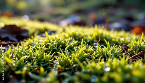 macro photography of vibrant moss close up on damp forest ground with morning dew drops glowing softly in natural light creating a serene micro ecosystem scene ideal for environmental conservation the
