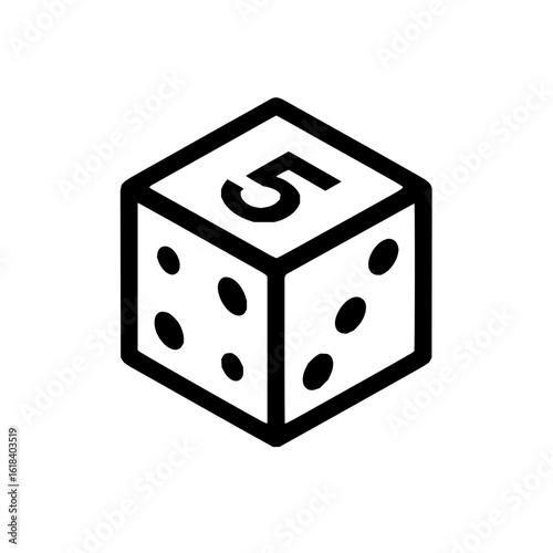 Isometric die with five on top and dots on the sides in black and white simple vector design style