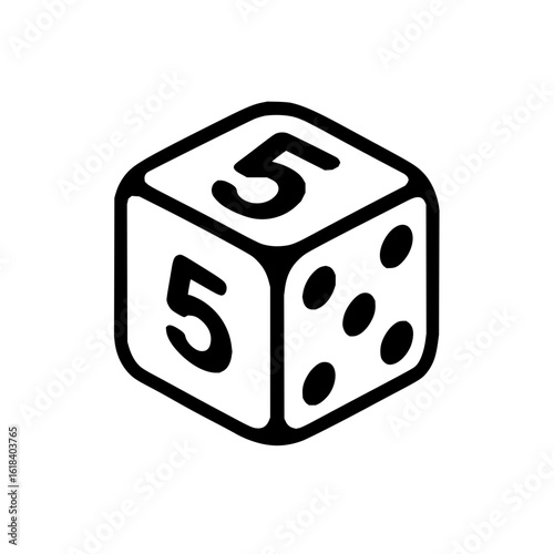 A white die with black outlines displaying the number five on two faces and four dots on another face