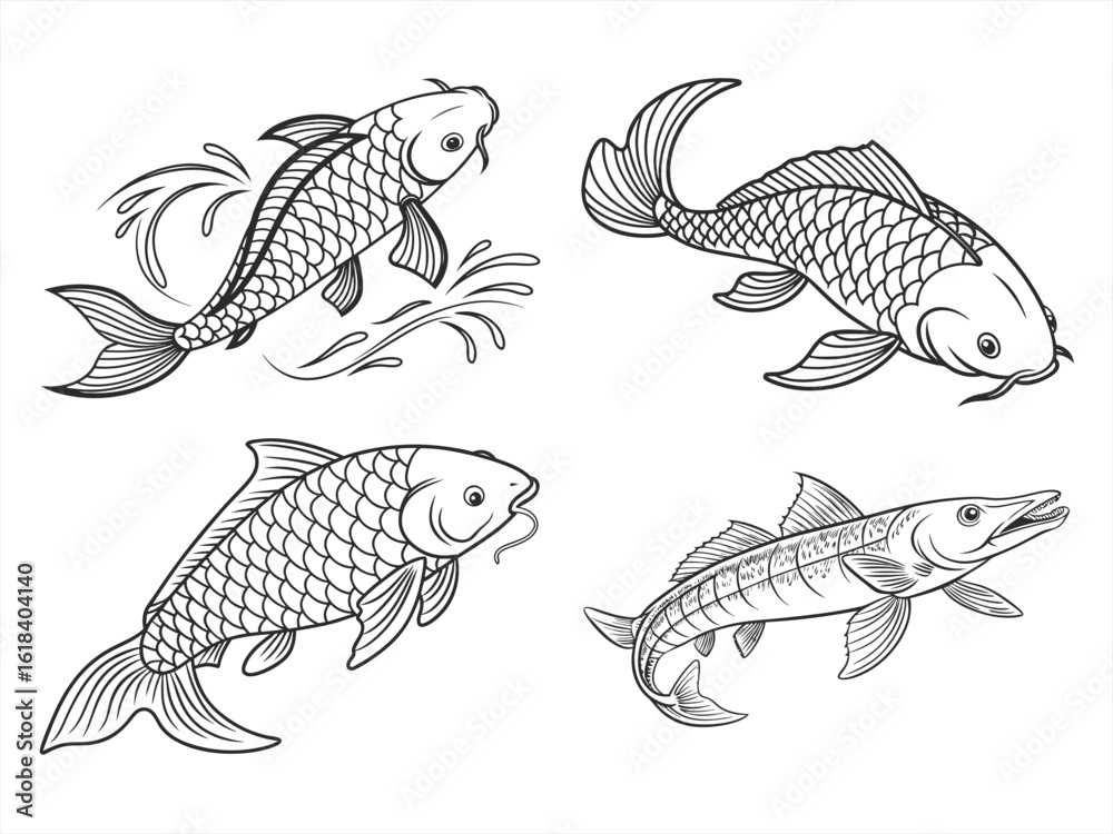 Fototapeta premium coloring page line art the carp black vector bundle