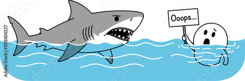 Cartoon shark attack illustration with oops sign in ocean water funny danger concept design art