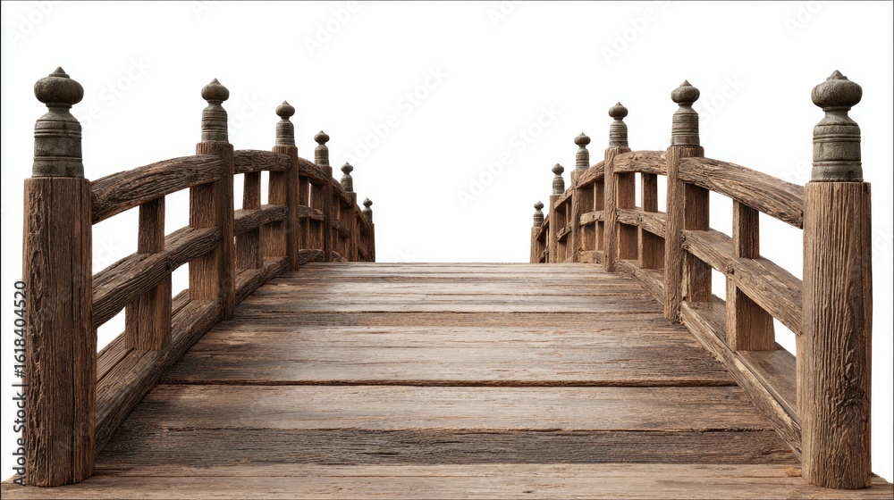 Fototapeta premium Traditional Japanese-style wooden bridge, set against a plain white background. 