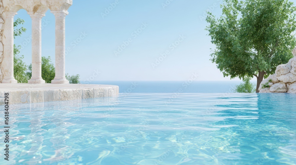Obraz premium Serene Poolside Vista: Capturing the essence of tranquility, a pristine infinity pool merges seamlessly with the azure horizon, framed by classical architecture and lush greenery. 