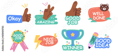 Job and Great Job Stickers Set Vector Illustration Reward Labels and Positive Message Icons
