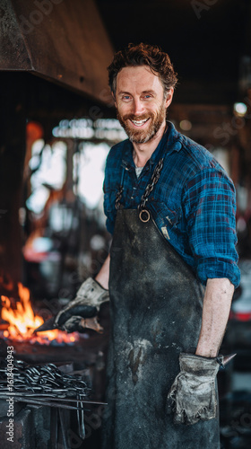 Wallpaper Mural Master of Metal: A skilled craftsman, smiles warmly as he wields the hammer with precision to forge metal, embodying dedication to traditional artisanry. Torontodigital.ca