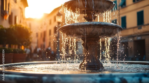 Stone Fountain Water Cascading Sunset Cityscape