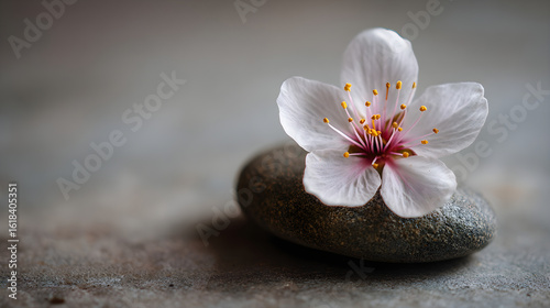 **Single fresh flower resting on smooth stone with soft background lighting