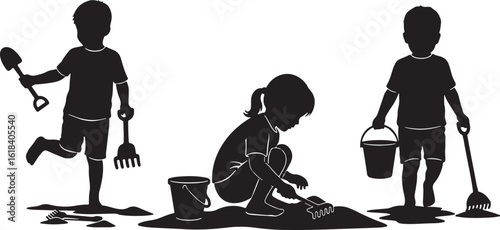 Three children silhouettes playing in sand with buckets and shovels, children, kids, playing, sand, beach, summer, vacation, outdoors, activity, fun, childhood, silhouette, black and white, bucket, sh