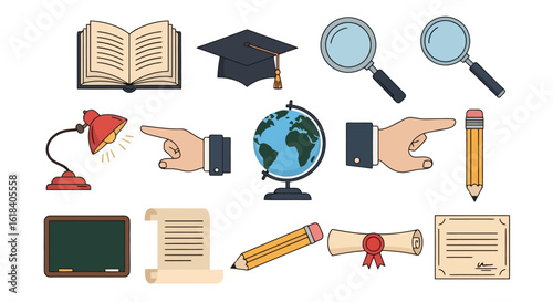 Educational Icons: Learning Tools and Graduation Symbols