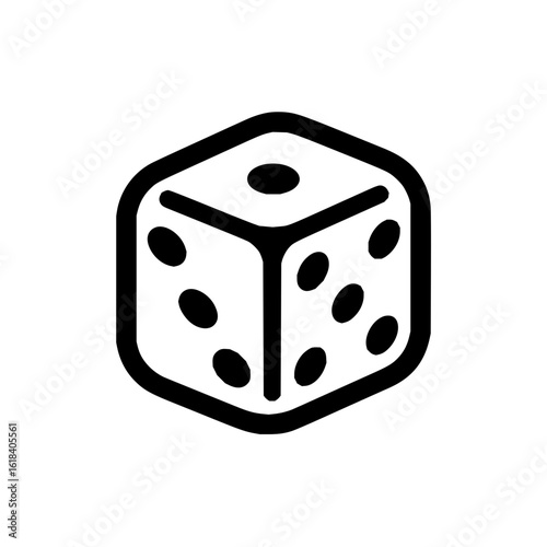 A simple black and white illustration of a standard six sided die with rounded corners and black pips dots