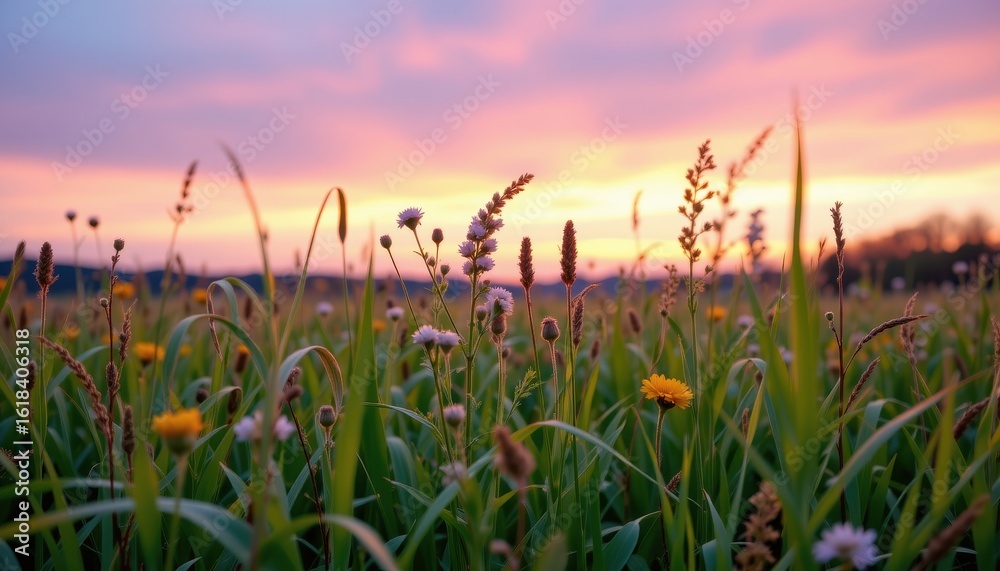 Fototapeta premium wild medicinal plants growing among tall grass in open field under pastel dawn sky representing organic healing themes