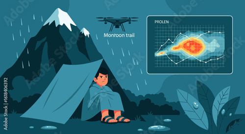 Discomforted Hiker Camping During A Monsoon Trail Monitored By Drone