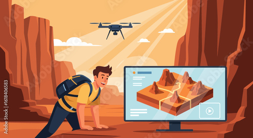 Hiker Uses Drone For Terrain Mapping In A Desert Landscape