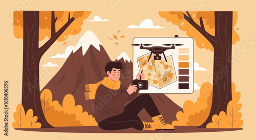 Young Man Using Drone for Autumn Landscape Photography in Nature