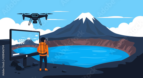 Adventurer Controls Drone Filming Panoramic View Of Mountain Lake