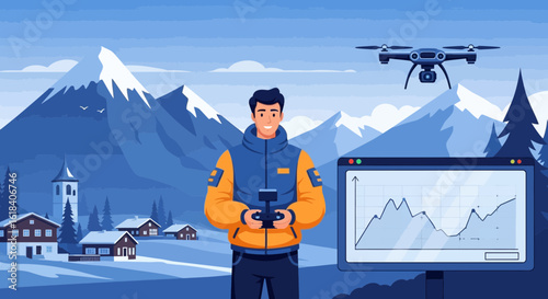 Man Controlling Drone In Winter Landscape With Data Display
