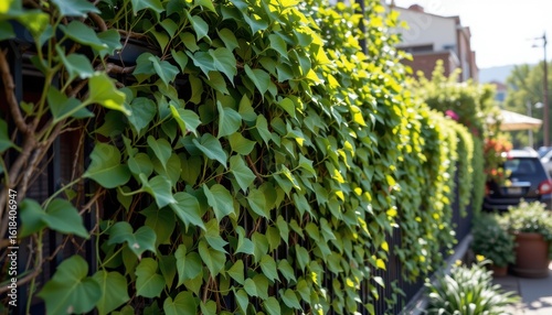 ivy plant overtaking metal fence in a quiet urban garden with sunshine highlighting green leaves