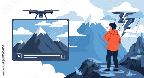 Drone Filming Mountain During Stormy Weather With Distressed Person