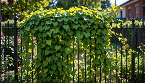 ivy plant overtaking metal fence in a quiet urban garden with sunshine highlighting green leaves