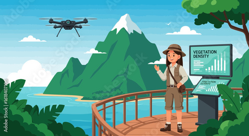 Ecotourism With Drone At Tropical Island Nature Observation Deck