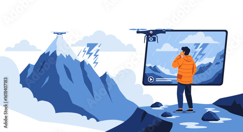 Drone Footage Of Mountain Storm Watching On Tablet Device Outdoor