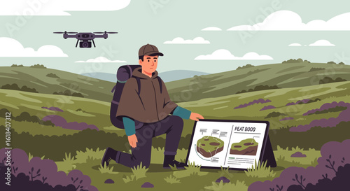 Researcher Examining Peat Bog Illustration with Drone Surveillance in Nature