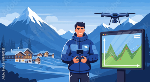 Man Piloting Drone Over A Snowy Mountain Village Landscape Illustration