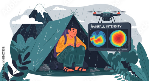Hiker Sheltering From Rain With Drone Analyzing Rainfall Intensity