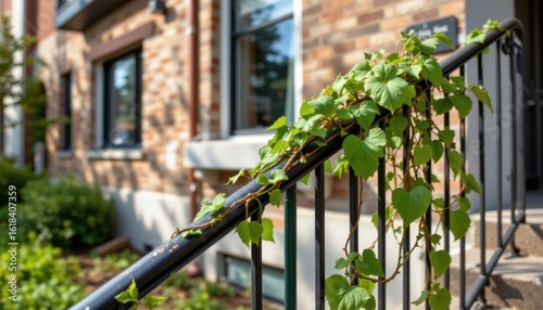 vine wrapped around steel handrail outside urban apartment with soft midday shadows
