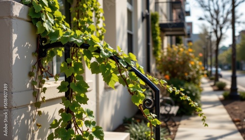 vine wrapped around steel handrail outside urban apartment with soft midday shadows