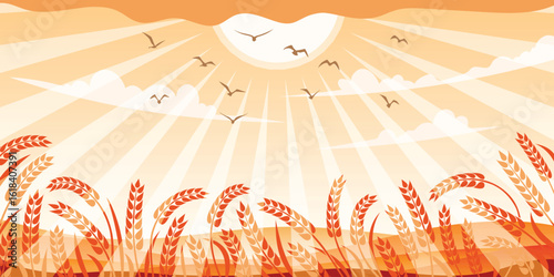 Autumn rural landscape, sunny sky and harvest, wheat field, ears of wheat, vector drawing