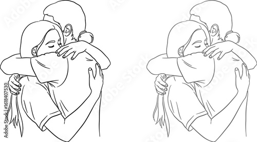 Illustration of couple hugging line art for coloring pages and graphic design projects, love and affection