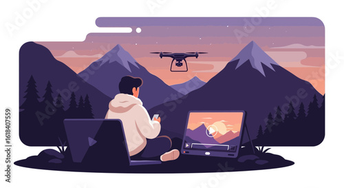 Creative Professional With Drone Footage In Scenic Mountain Landscape