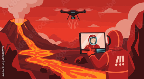 Astronaut Communicating With Base Using Drone On Martian Surface
