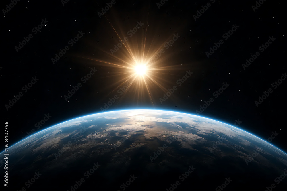 Fototapeta premium High-Contrast Image of Earth's Edge with Sunlight Rays in Space