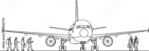 Airplane travel concept illustration: passengers boarding plane for business or vacation trip