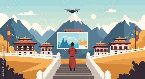 Bhutanese Scenery Drone Photography At Traditional Building And High Mountain
