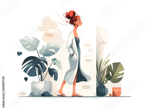 Young woman walking in cozy room near indoor plants  