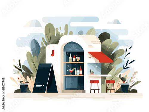 Colorful bar storefront with shelves and outdoor seating in nature  