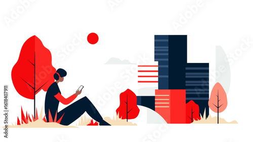 Young man using smartphone while sitting in urban park with trees  