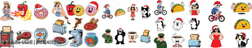 Diverse Cartoon Images Food, People, Animals, Everyday Objects, Christmas Theme Isolated on White Background