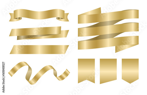 立体感のあるゴールドリボン素材セット（表彰 装飾 バナー デザインパーツ ベクター）