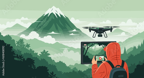 Traveler Filming Drone Flight Against Picturesque Mountain Landscape