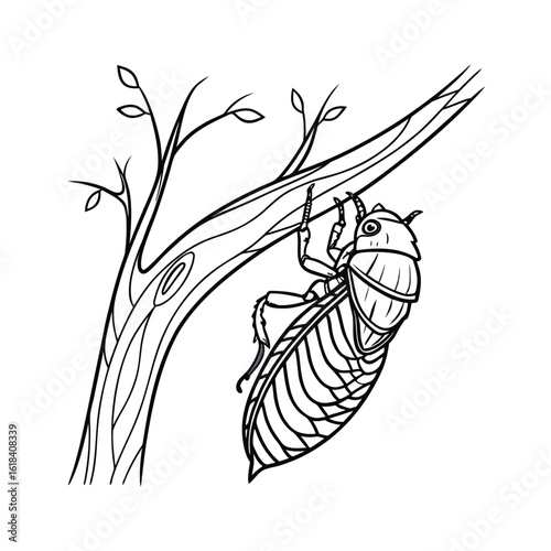 Cicada exoskeleton detailed line art on a clean white background for advertising